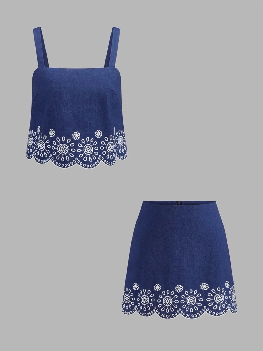 Commense Blue Embroidered Scalloped Two Piece Skirt Set